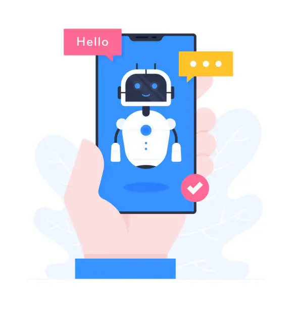 Vector illustration of Hand holding a Smart Phone, Flat Design Illustration of Chatbot