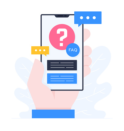 A Human Hand holding a Smart Phone, Flat Design Illustration of FAQ