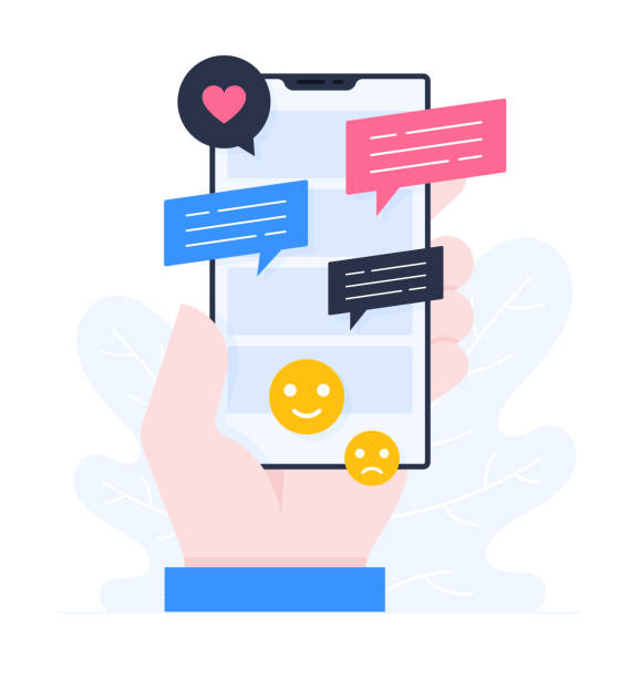 Hand holding a Smart Phone, Flat Design Illustration of Online Chat A Human Hand holding a Smart Phone, Flat Design Illustration of Online Chat, Online Dating, Message heart emoji phone stock illustrations