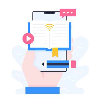 A Human Hand holding a Smart Phone, Flat Design Illustration of Online Education, E-Learning, E-Book
