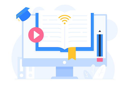 Online Education Flat Design Vector Illustration. A pencil, a mortarboard, play button and a book on a computer screen.