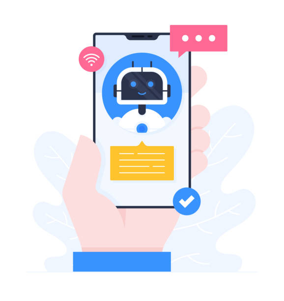 illustrazioni stock, clip art, cartoni animati e icone di tendenza di mano che tiene uno smartphone, illustrazione di design piatto dell'assistente virtuale - riconoscimento vocale