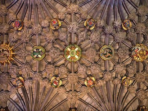 Decorative ceiling bosses and decoration in the Thistle Chapel in St Giles' Cathedral in Edinburgh Old Town, Scotland, UK