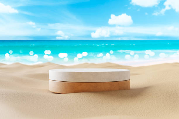 istock 3D podium with copy space for product display presentation on beach with blue sky and white clouds abstract background. Tropical summer and vacation concept. 1447671434