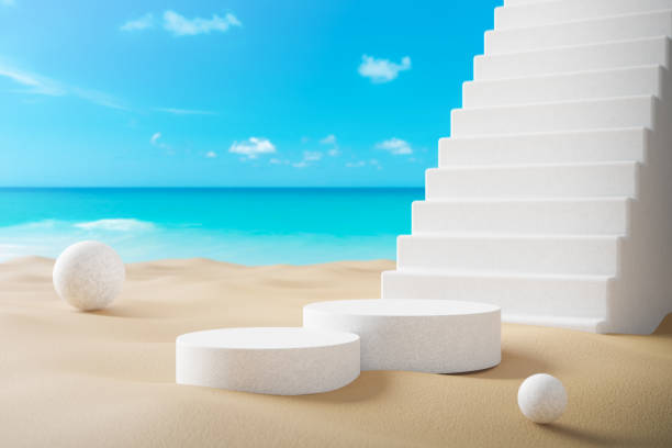 istock 3D podium with copy space for product display presentation on beach with blue sky and white clouds abstract background. Tropical summer and vacation concept. 1447671450