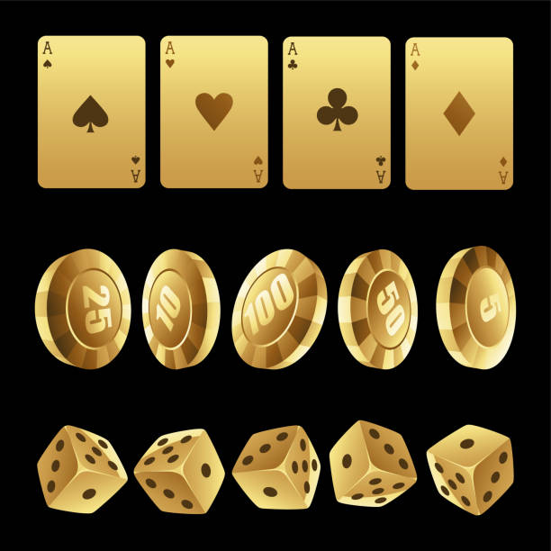 istock Golden Playing Cards Roulette Chips and Dices on a Black Background 1447671535