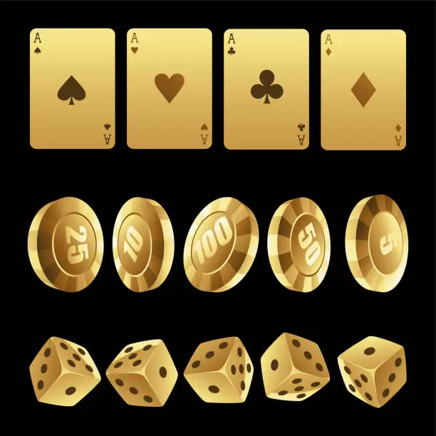 Vector illustration of Golden Playing Cards Roulette Chips and Dices on a Black Background