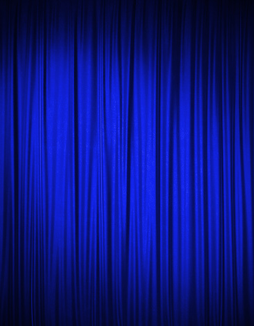 Blue velvet stage curtain. Vertical composition. 3D rendering.
