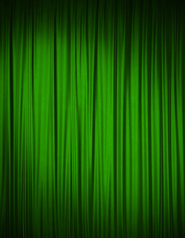 Green velvet stage curtain. Vertical composition. 3D rendering.