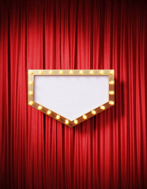 istock Retro Signboard With Glowing Lightbulbs On Red Curtain 1447673849