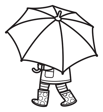 Vector Black And White Girl Walking in Rain with Umbrella