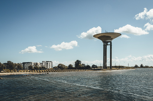 Water tower close to the popular beach is the main landmark of Landskrona, Sweden.