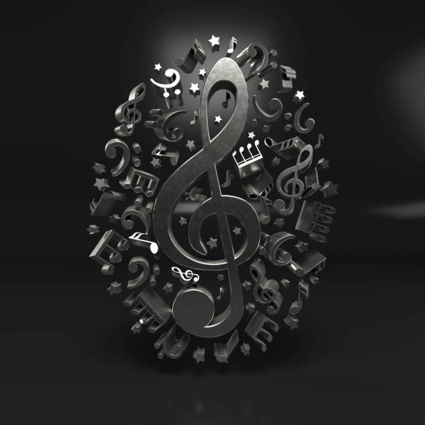istock Metal music clef surrounded by musical notes. In dark environment. 3d render illustration 1447675993
