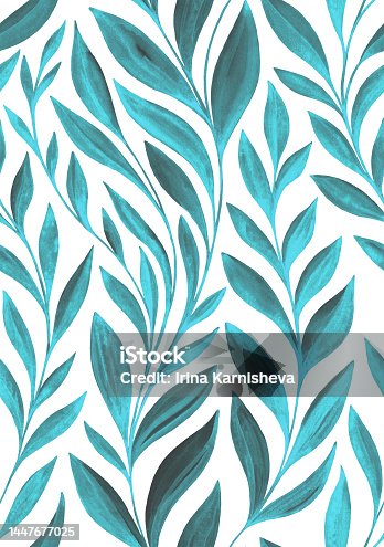 istock Seamless pattern Watercolor painting blue twigs with leaves on white background 1447677025
