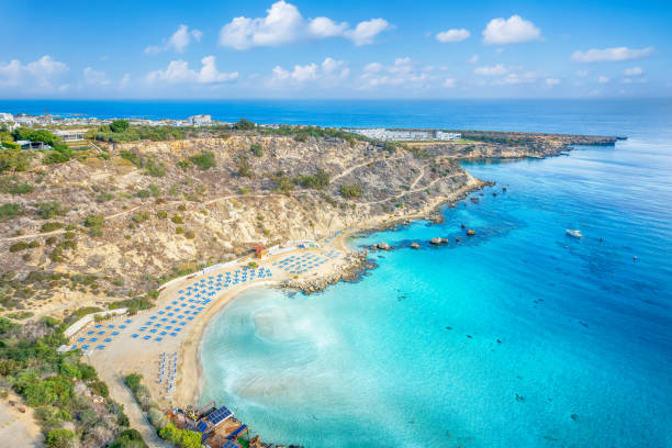 landscape with konnos beach in protaras, cyprus - famagusta imagens e fotografias de stock