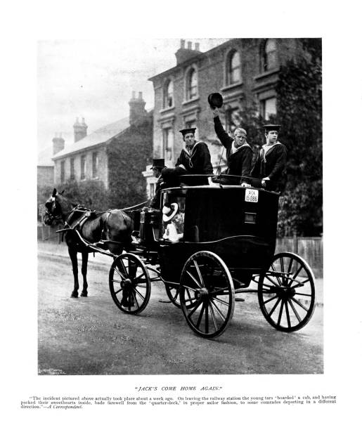 istock 19th c illustration Sailors going on leave atop a carriage with lady inside; The Navy & Army Illustrated 1899 1447677861