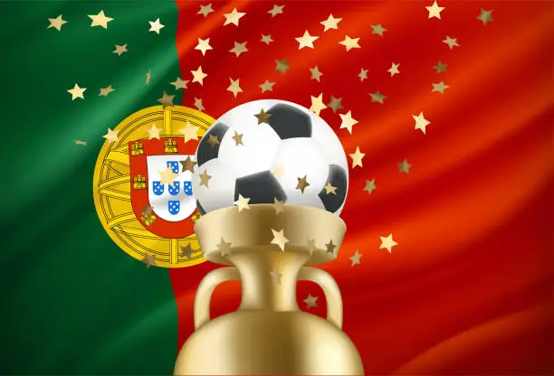 Vector illustration of Portugal is the winner of the game. Soccer ball with golden prize and national flag. 3d vector illustration
