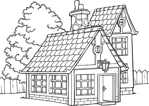 Black and white illustration of a house in nature