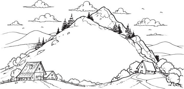 skizze eines bergdorfes - eastern europe mountain range mountain village stock-grafiken, -clipart, -cartoons und -symbole