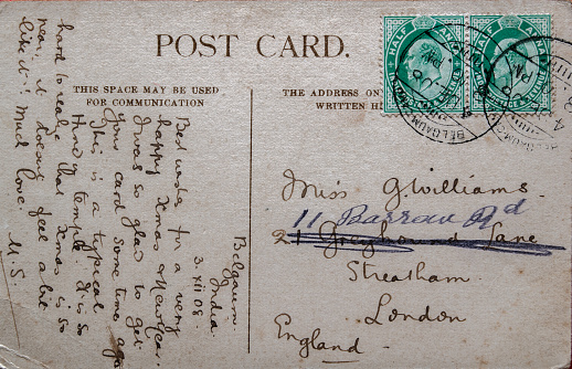 Both sides of a postcard sent by a Cheltenham schoolgirl during the reign of King George VI of the United Kingdom of Great Britain and Northern Ireland. She is informing her family about her exam results. (Name and address removed.)