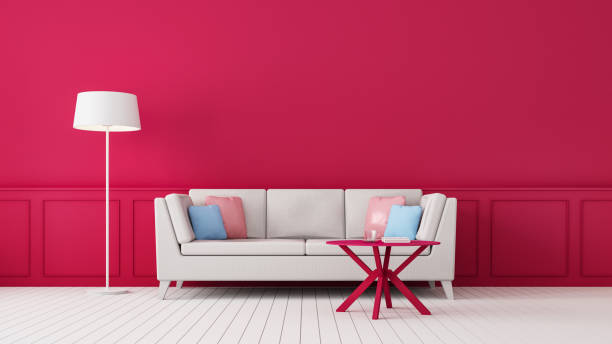 viva magenta room interior color of the year 2023 - 3d rendering - viva magenta stok fotoğraflar ve resimler