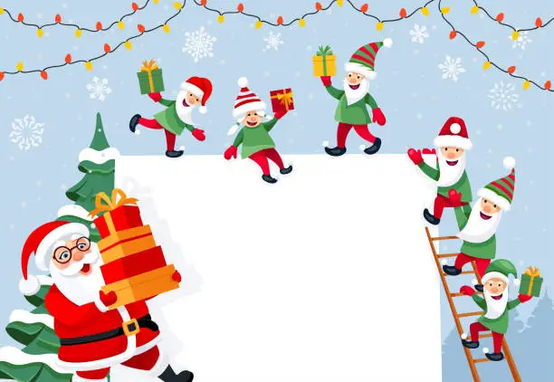 Vector illustration of Santa Claus and his elves. Banner sign.