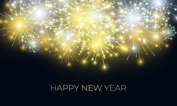 istock New year festive background with fireworks and sparkle celebration lights. 1447682687