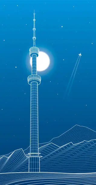 Vector illustration of Television tower in mountains of Almaty city. Kok Tobe, Kazakhstan. White outline illustration. Night ladscape. Vector design art