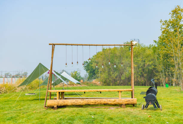 istock The dining table and barbecue in the camp 1447684805