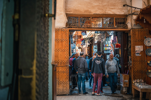 Fez, Morocco – November 19, 2022: Traditional Souk at Medina of Fez,  Morocco, Africa.