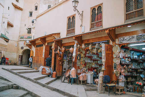 Fez, Morocco – November 19, 2022: Traditional Handmade Brass Store  at Medina of Fez,  Morocco, Africa.