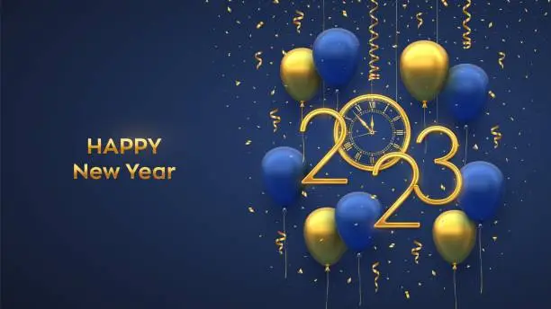 Vector illustration of Happy New 2023 Year. Hanging Golden metallic numbers 2023, watch with Roman numeral and countdown midnight with 3D festive helium balloons and falling confetti on blue background. Vector illustration.