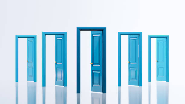 istock set of Opened realistic blue doors isolated on white background. 1447685338
