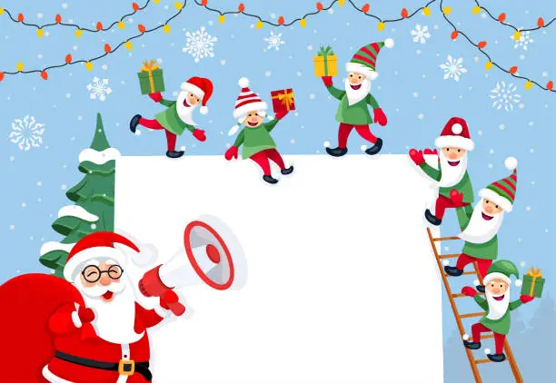 Vector illustration of Santa Claus carrying his bag and talk on megaphone. Salesman. Happy elves.