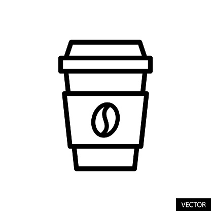 Disposable paper coffee cup, Take away coffee cup vector icon in line style design for website, app, UI, isolated on white background. Editable stroke. EPS 10 vector illustration.