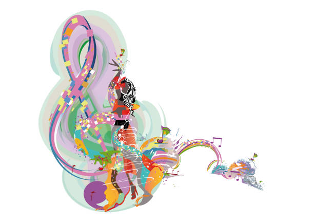 istock Abstract musical design with a treble clef and colorful splashes, notes and waves.  Colorful musicians. 1447690243