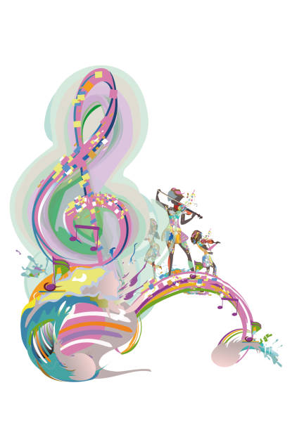 ilustrações de stock, clip art, desenhos animados e ícones de abstract musical design with a treble clef and colorful splashes, notes and waves.  colorful treble clef. - guitar illustration and painting abstract pattern