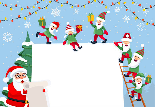 ilustrações, clipart, desenhos animados e ícones de papai noel engraçado verificando sua lista. cartão de natal. - computer graphic child snowflake vector