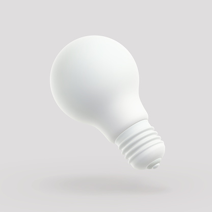 3D LED white light bulb on gray background. Concept of modern eco-friendly technology, green energy and business idea. Home equipment - realistic electric lamp, vector illustration.