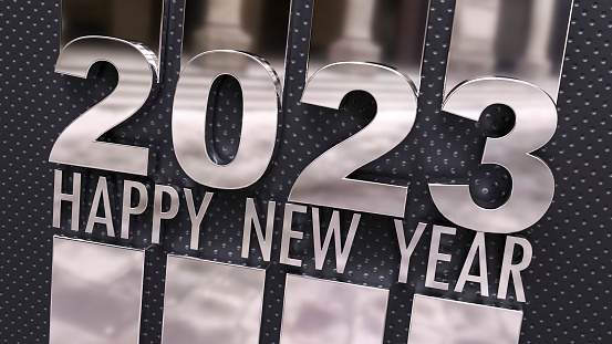 3D rendering of the writing Happy New Year 2023 in a mirror silver surface on a black background