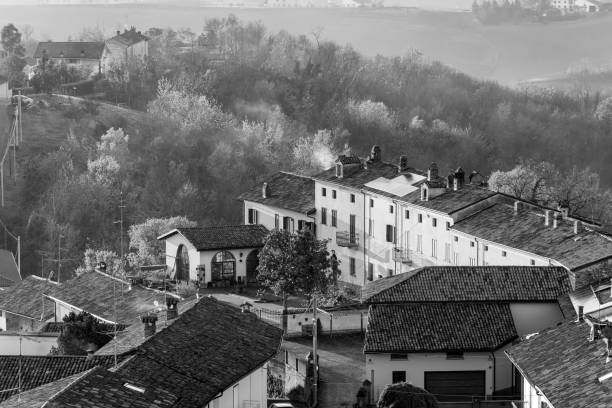 Treville Alessandria: the village roofs from its viewpoint. Black and white photo stock photo