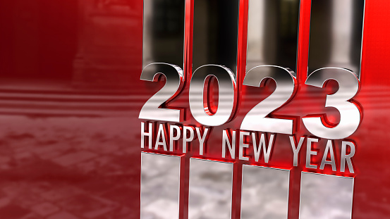 3D rendering of the writing Happy New Year 2023 in a mirror silver surface on a red background