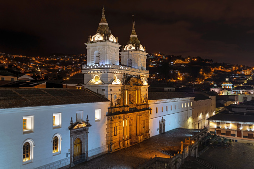 San Francisco convent and church facade at night, Quito, Ecuador.