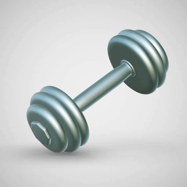 istock 3D realistic metallic dumbbell on light background. Heavy weight accessories for physical exercise and fitness. 1447694642