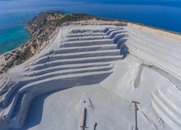 Aerial view of the terraces in the open quarry. Gyali Island in Greece stock photo