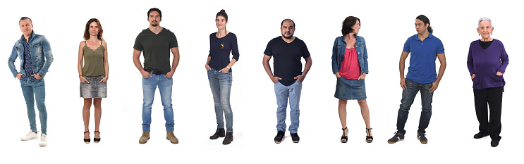 group of people with hands in pockets on white background
