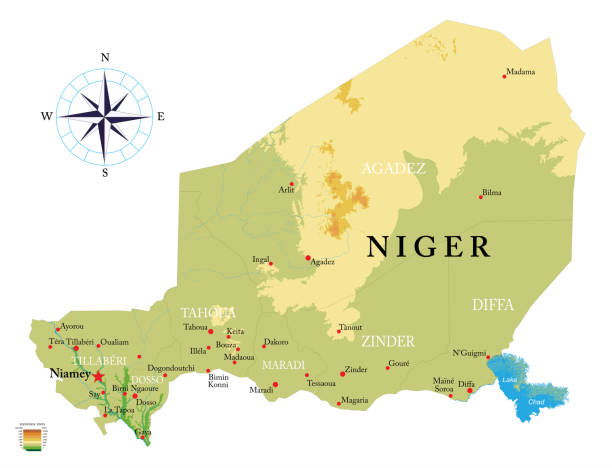 Niger highly detailed physical map Highly detailed physical map of Niger in vector format,with all the relief forms,regions and big cities. niger stock illustrations