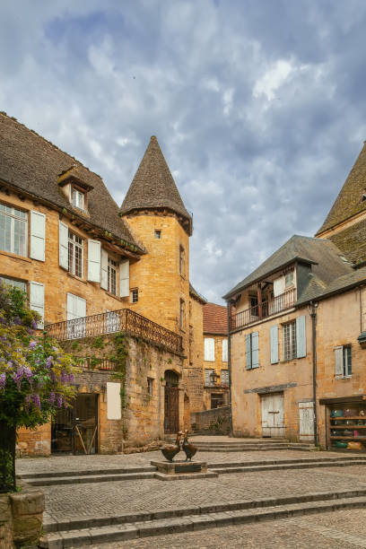 Square in Sarlat-la-Caneda, France Square with famous goose statue  in Sarlat-la-Caneda, Dordogne, France sarlat la caneda stock pictures, royalty-free photos & images