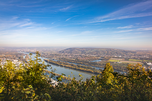 Danube Island, Langenzersdorf and Bisamberg hill in the Weinviertel region of Austria. Danube Island at the front.