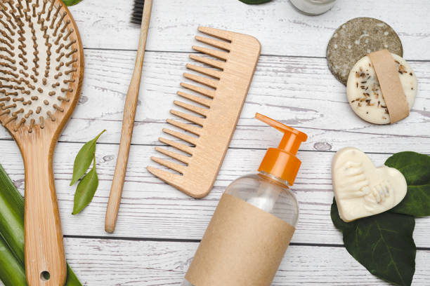 istock Zero waste and organic bathroom accessories flat lay background composition. 1447698572